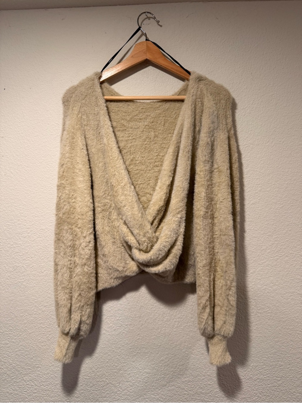 F21 Cozy Extra Soft Twisted Front Fuzzy Pullover Sweater in Beige